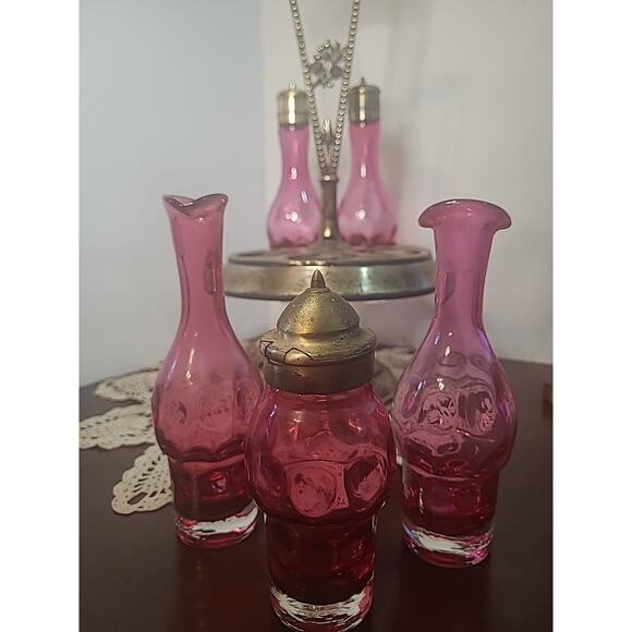 Vintage Cruet Simpson Hall Miller Quad Silverplate Cranberry Cut Glass Decor DIY - Picture 7 of 16